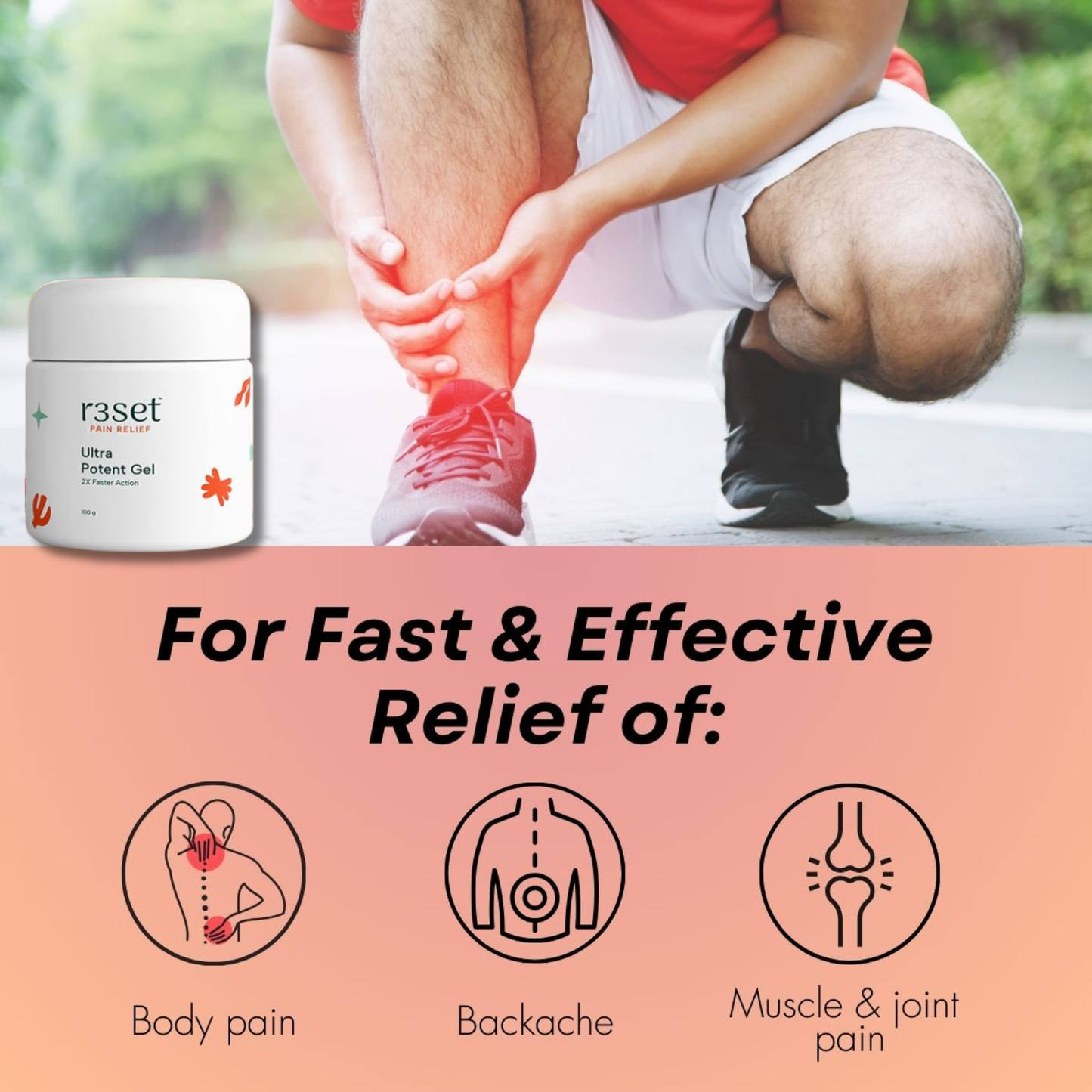 R3SET Ultra Potent Pain Relief Gel | 100% Natural Ingredients for Muscle, Joint, Back, Neck & Knee Pain | 2X Faster Action, Light Texture, No Side Effects, Safe for Daily Use - 100g