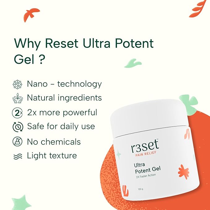 R3SET Ultra Potent Pain Relief Gel | 100% Natural Ingredients for Muscle, Joint, Back, Neck & Knee Pain | 2X Faster Action, Light Texture, No Side Effects, Safe for Daily Use - 100g
