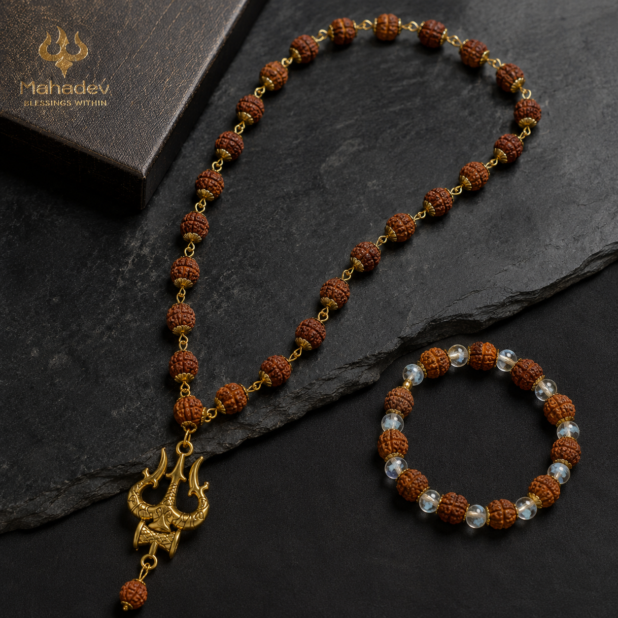 Original Rudraksha Mala & Braslet with Shiva Trishul Pendant - Rs.1199 Mero Deal