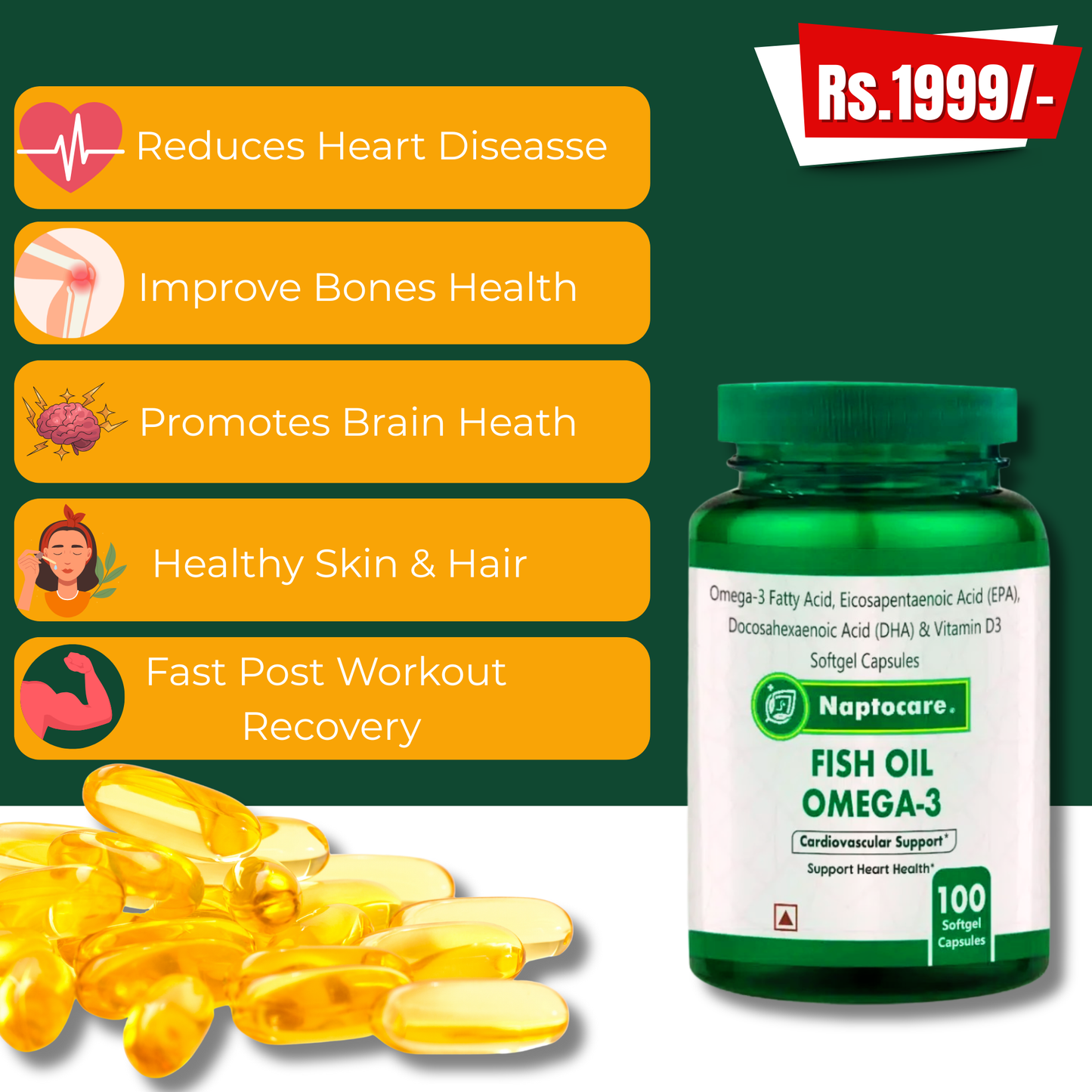 Naptocare Fish Oil Omega-3 + Vitamin D3 For a Strong Heart, Sharp Mind & Better Everyday Health